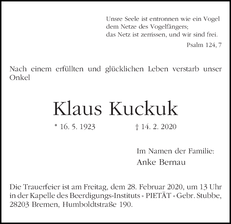 Traueranzeige von Klaus Kuckuk von WESER-KURIER