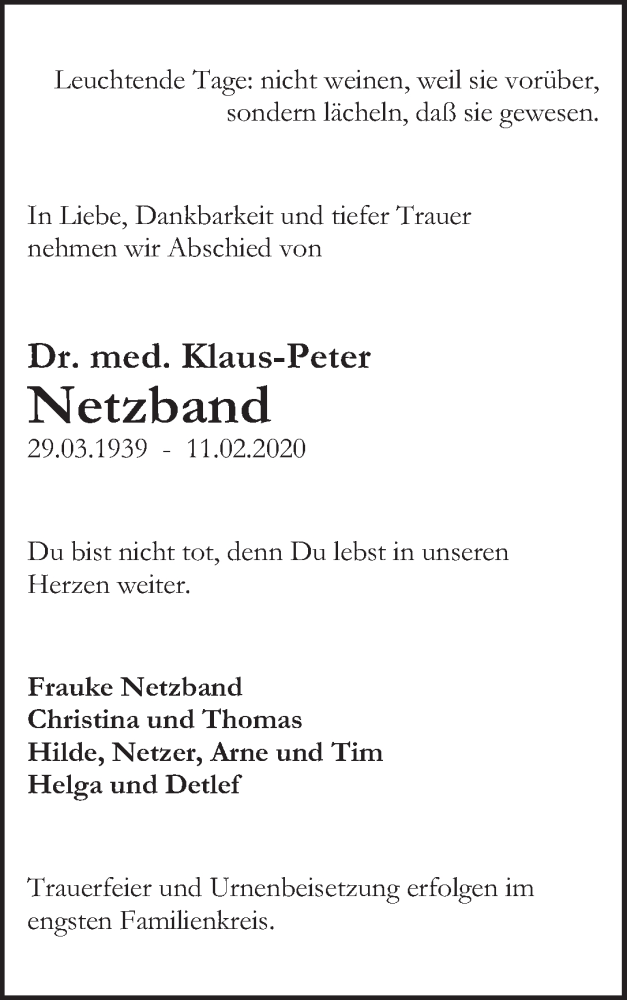 Traueranzeige von Klaus-Peter Netzband von WESER-KURIER