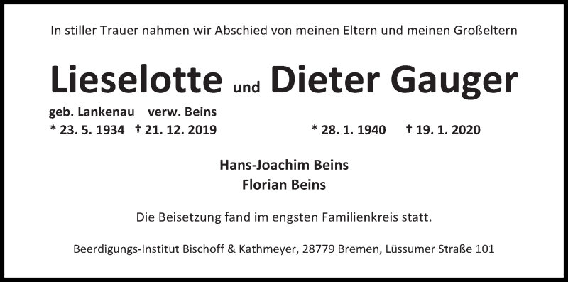 Traueranzeige von Lieselotte und Dieter Gauger von Die Norddeutsche