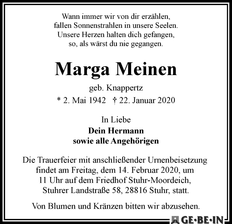 Traueranzeige von Marga Meinen von WESER-KURIER