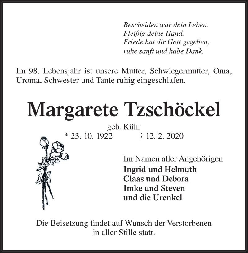 Traueranzeige von Margarete Tzschöckel von Die Norddeutsche