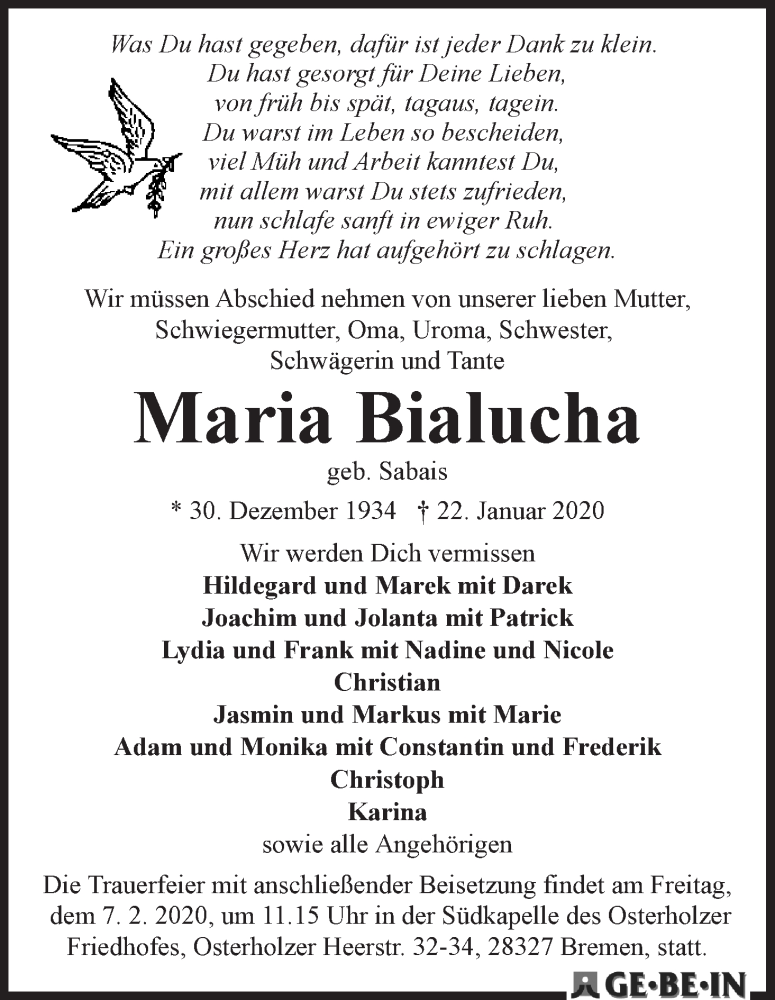 Traueranzeige von Maria Bialucha von WESER-KURIER