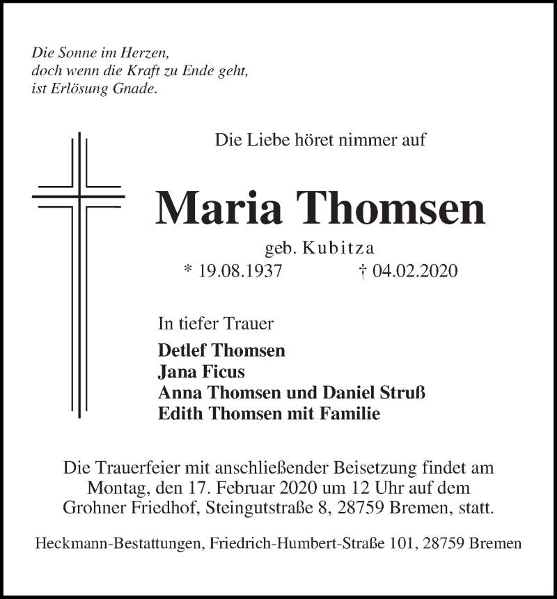 Traueranzeige von Maria Thomson von Die Norddeutsche