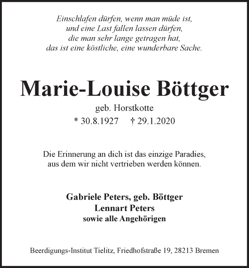 Traueranzeige von Marie-Louise Böttger von WESER-KURIER