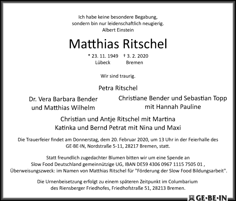 Traueranzeige von Matthias Ritschel von WESER-KURIER