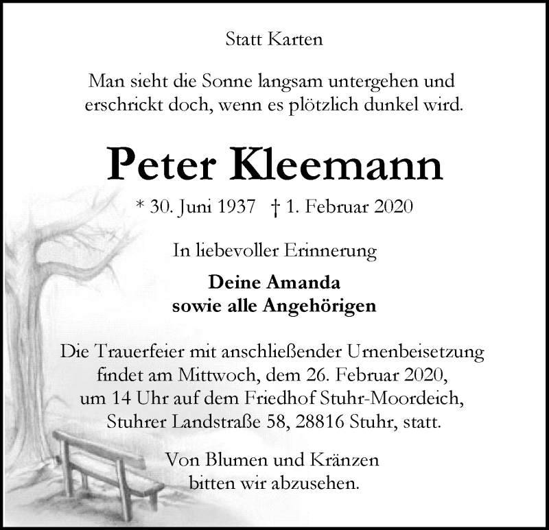 Traueranzeige von Peter Kleemann von WESER-KURIER
