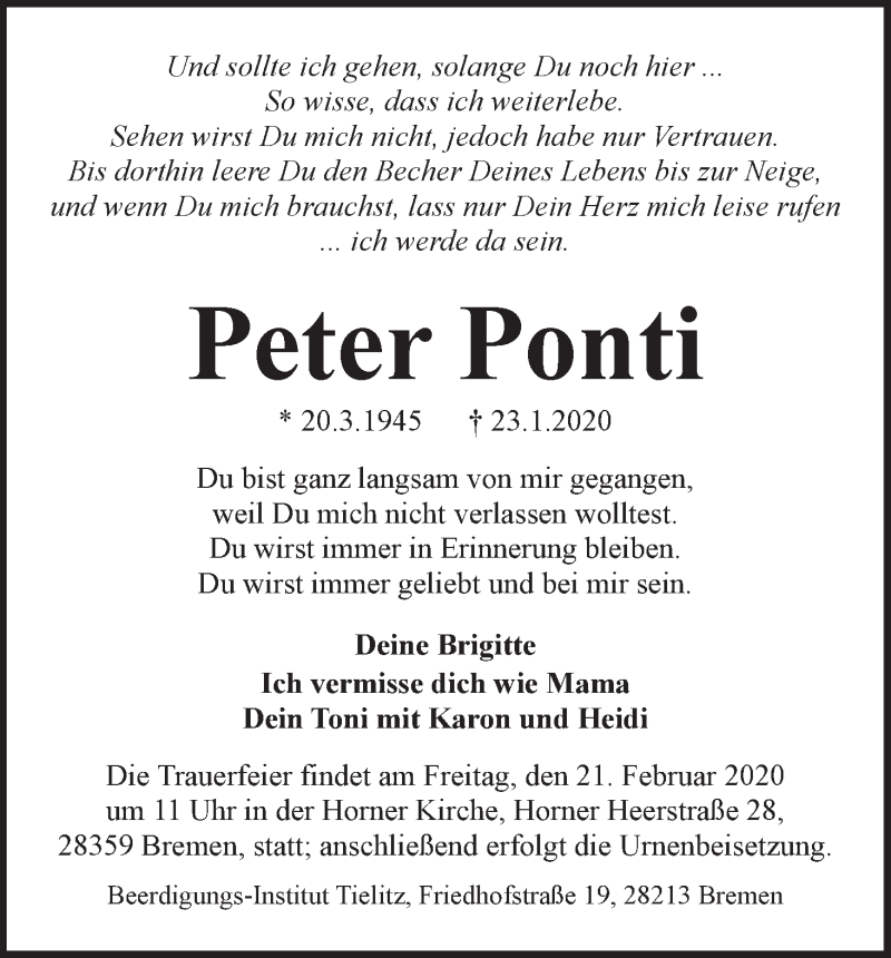 Traueranzeige von Peter Ponti von WESER-KURIER