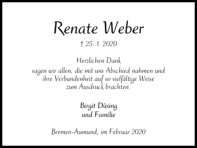 Traueranzeige von Renate Weber von Die Norddeutsche