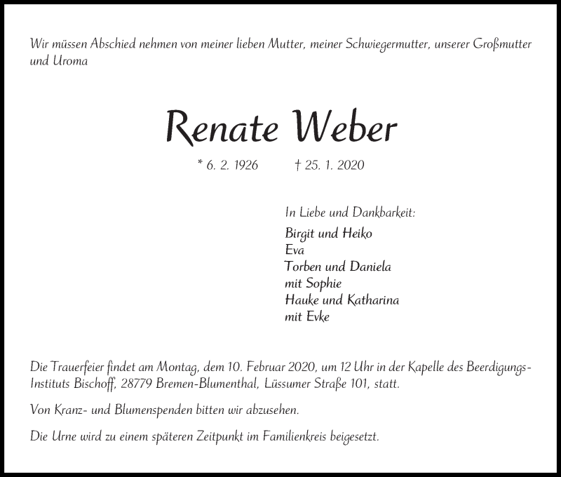 Traueranzeige von Renate Weber von Die Norddeutsche