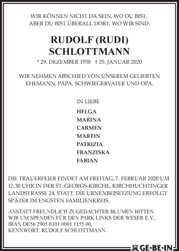 Traueranzeige von Rudolf (Rudi) Schlottmann von WESER-KURIER
