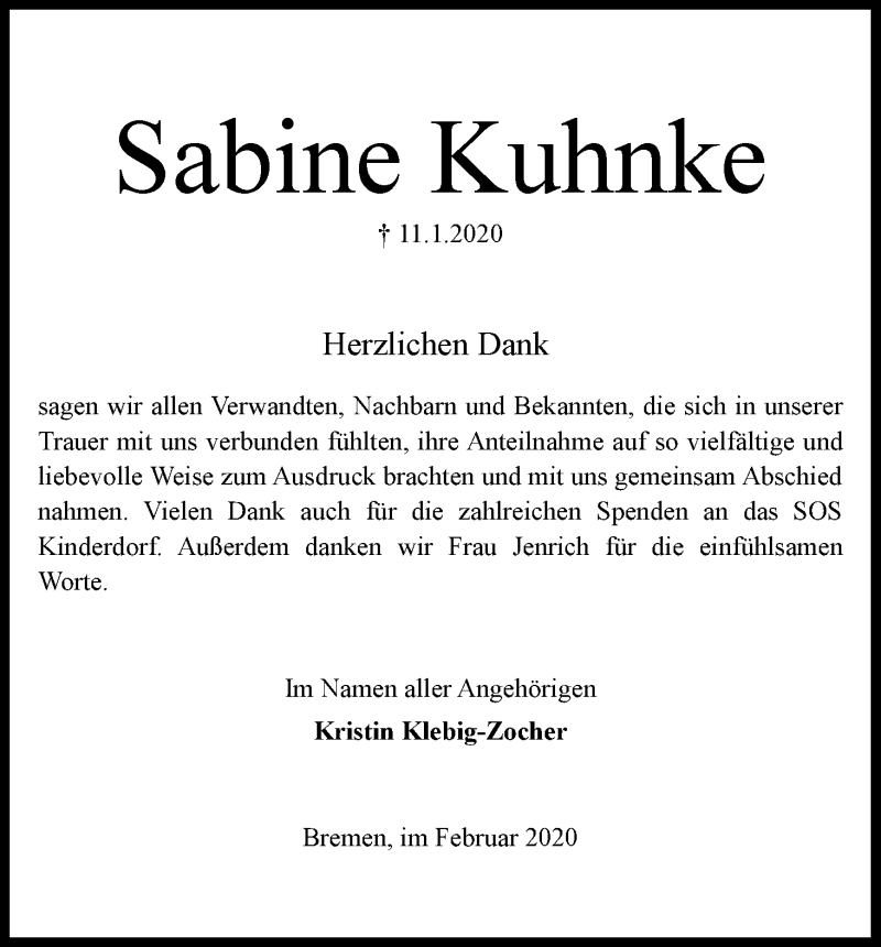 Traueranzeige von Sabine Kuhnke von WESER-KURIER