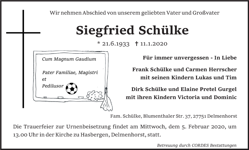 Traueranzeige von Siegfried Schülke von WESER-KURIER