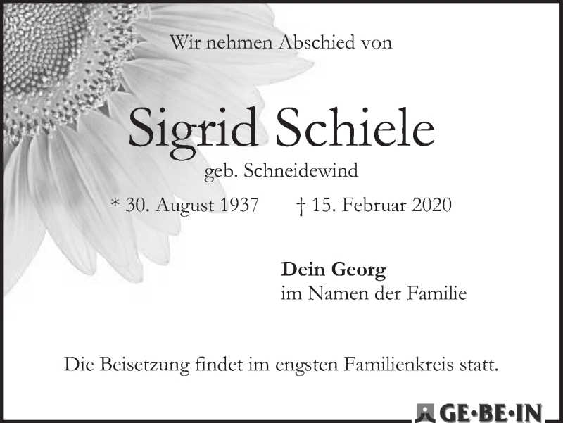 Traueranzeige von Sigrid Schiele von WESER-KURIER