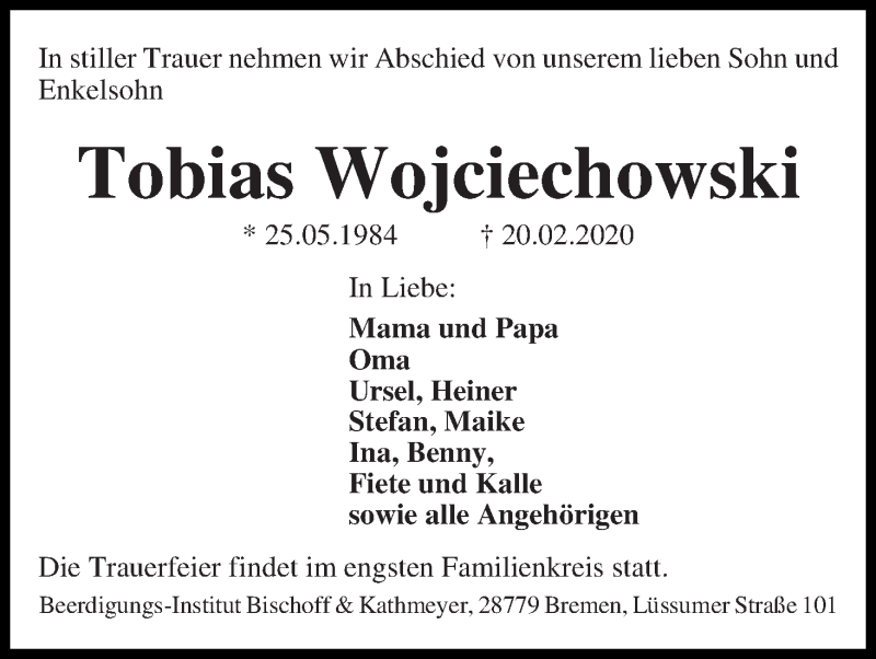 Traueranzeige von Tobias Wojciechowski von Die Norddeutsche