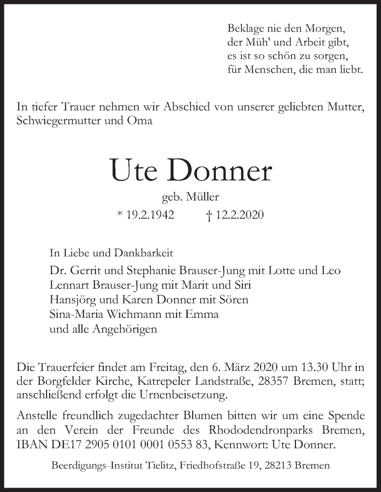 Traueranzeige von Ute Donner von WESER-KURIER