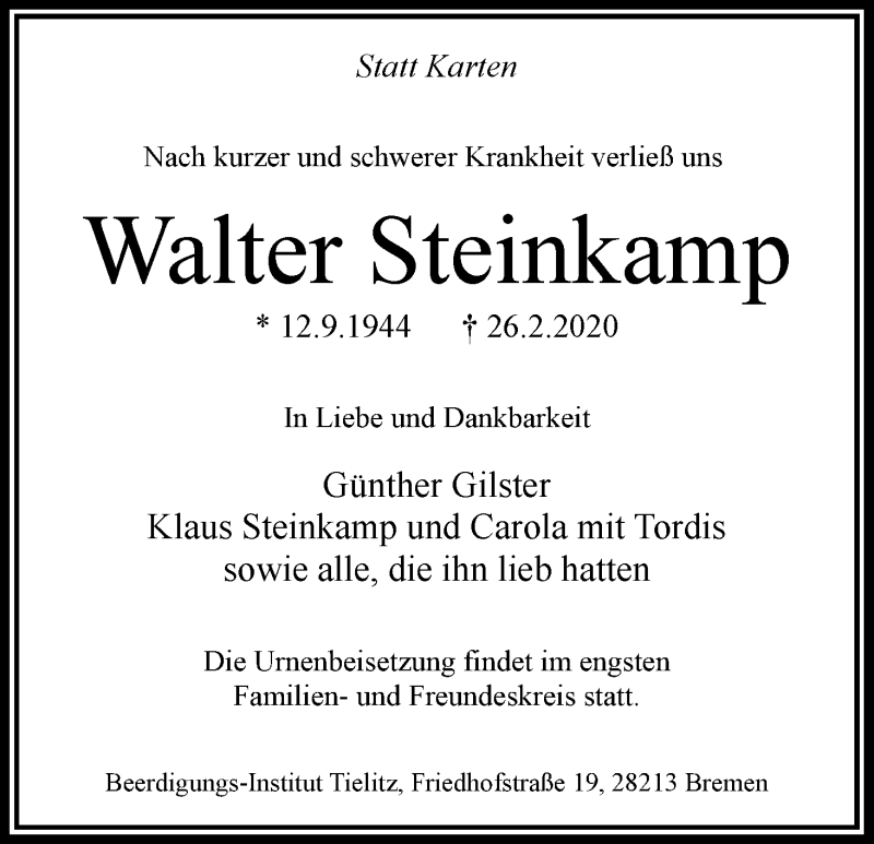 Traueranzeige von Walter Steinkamp von WESER-KURIER