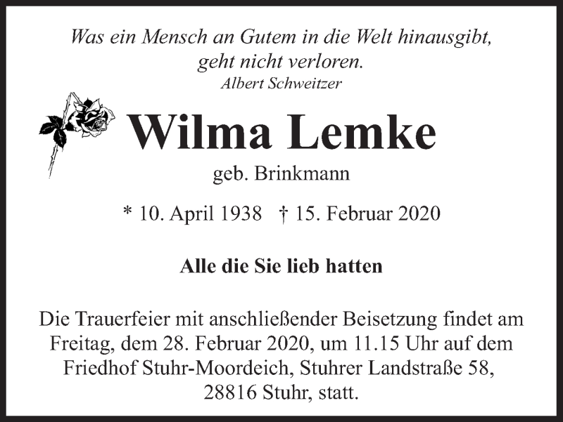 Traueranzeige von Wilma Lemke von WESER-KURIER