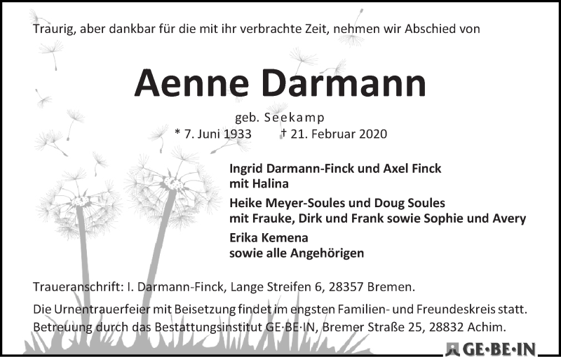 Traueranzeige von Aenne Darmann von WESER-KURIER