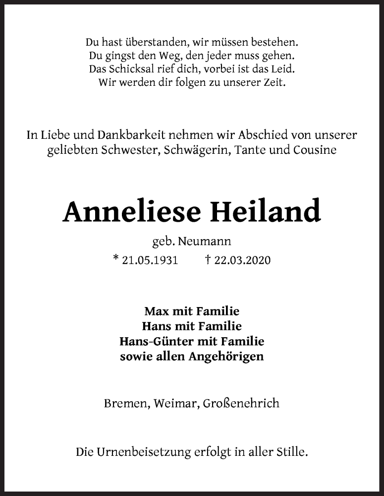 Traueranzeige von Anneliese Heiland von Die Norddeutsche