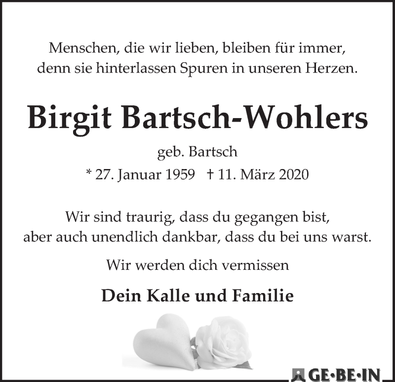Traueranzeige von Birgit Bartsch-Wohlers von WESER-KURIER