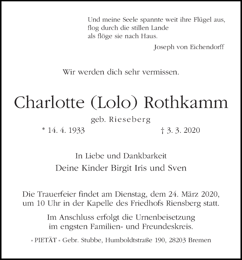 Traueranzeige von Charlotte Rothkamm von WESER-KURIER