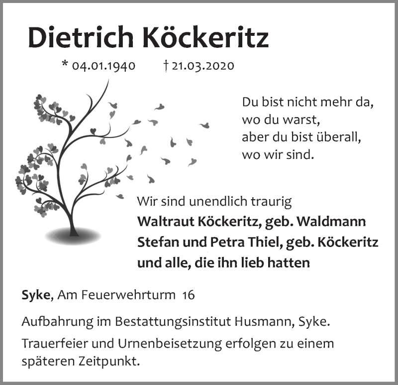 Traueranzeige von Dietrich Köckeritz von Die Norddeutsche