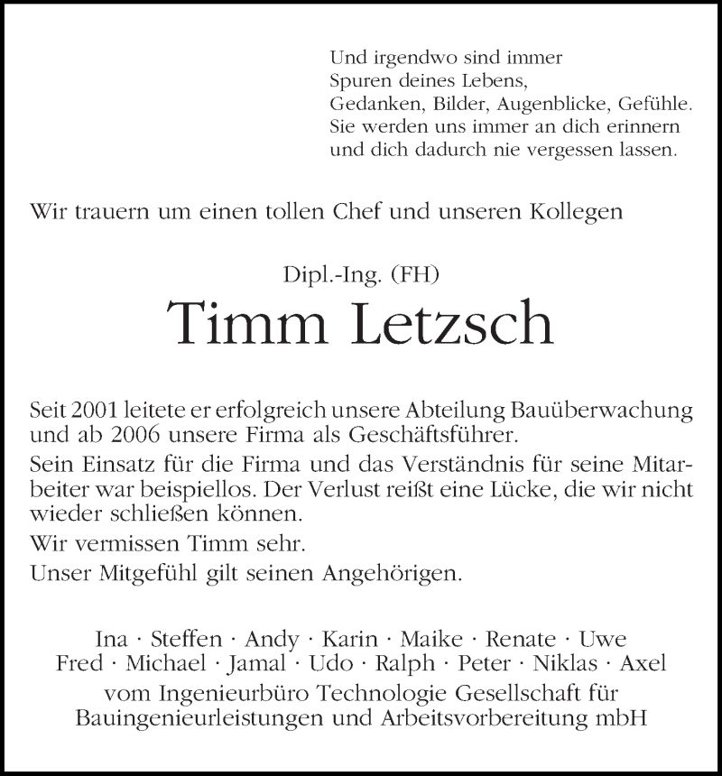 Traueranzeige von Dipl.-Ing. Timm Letzsch von WESER-KURIER