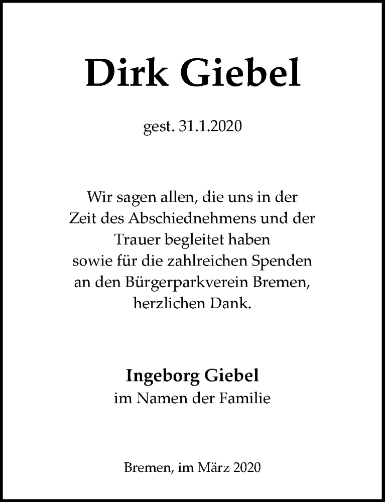 Traueranzeige von Dirk Giebel von WESER-KURIER