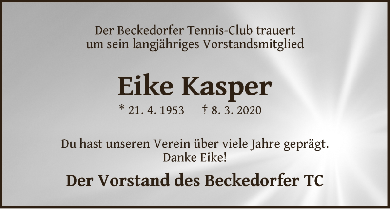 Traueranzeige von Eike Kasper von Die Norddeutsche