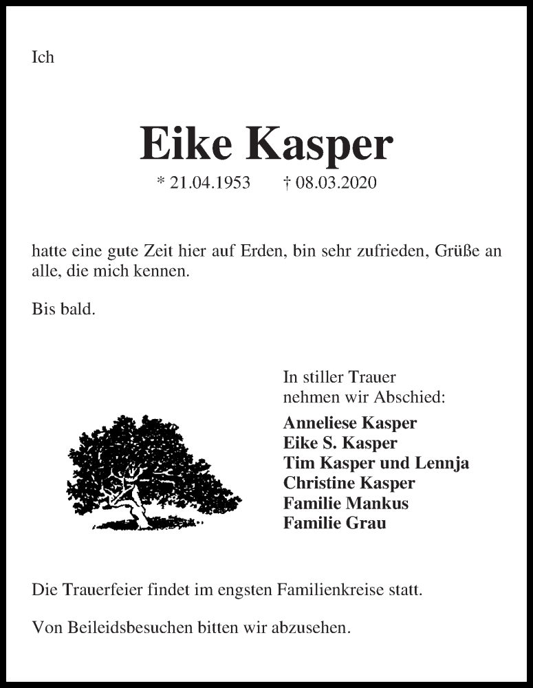 Traueranzeige von Eike Kasper von Die Norddeutsche