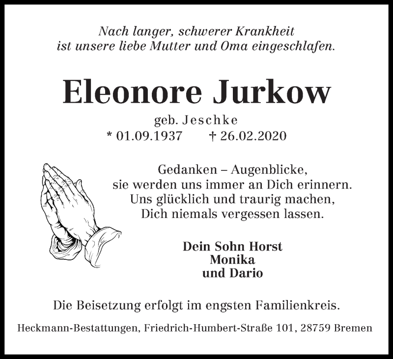 Traueranzeige von Eleonore Jurkow von Die Norddeutsche