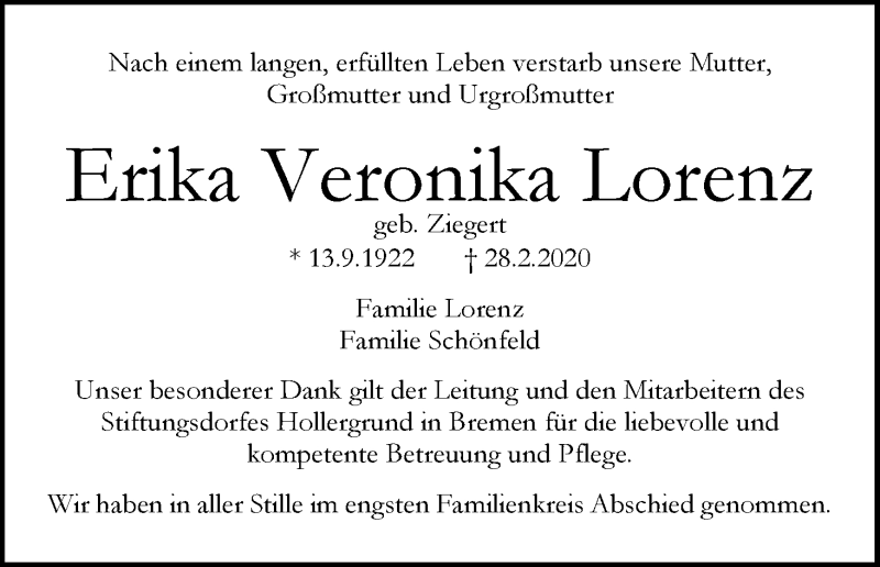 Traueranzeige von Erika Lorenz von WESER-KURIER