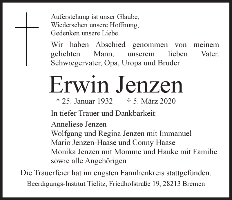Traueranzeige von Erwin Jenzen von WESER-KURIER