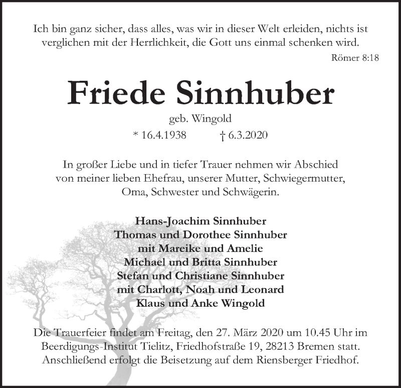 Traueranzeige von Friede Sinnhuber von WESER-KURIER