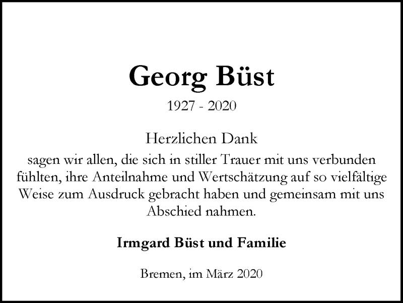 Traueranzeige von Georg Büst von WESER-KURIER