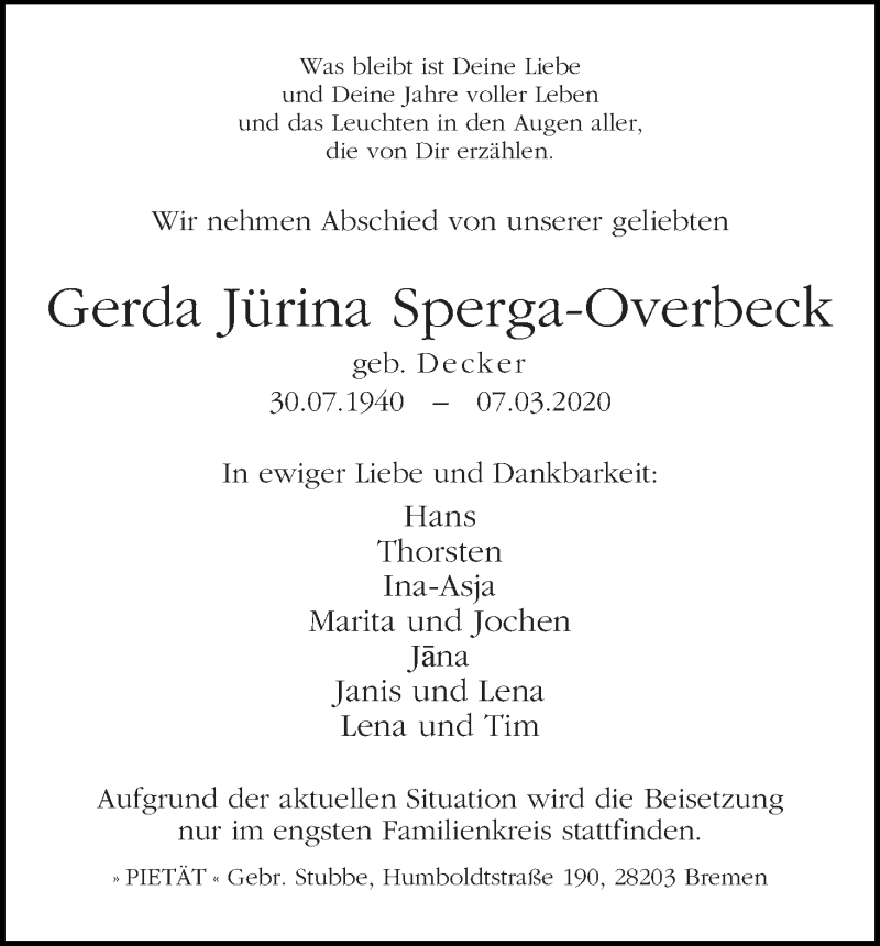 Traueranzeige von Gerda Jürina Sperga-Overbeck von WESER-KURIER