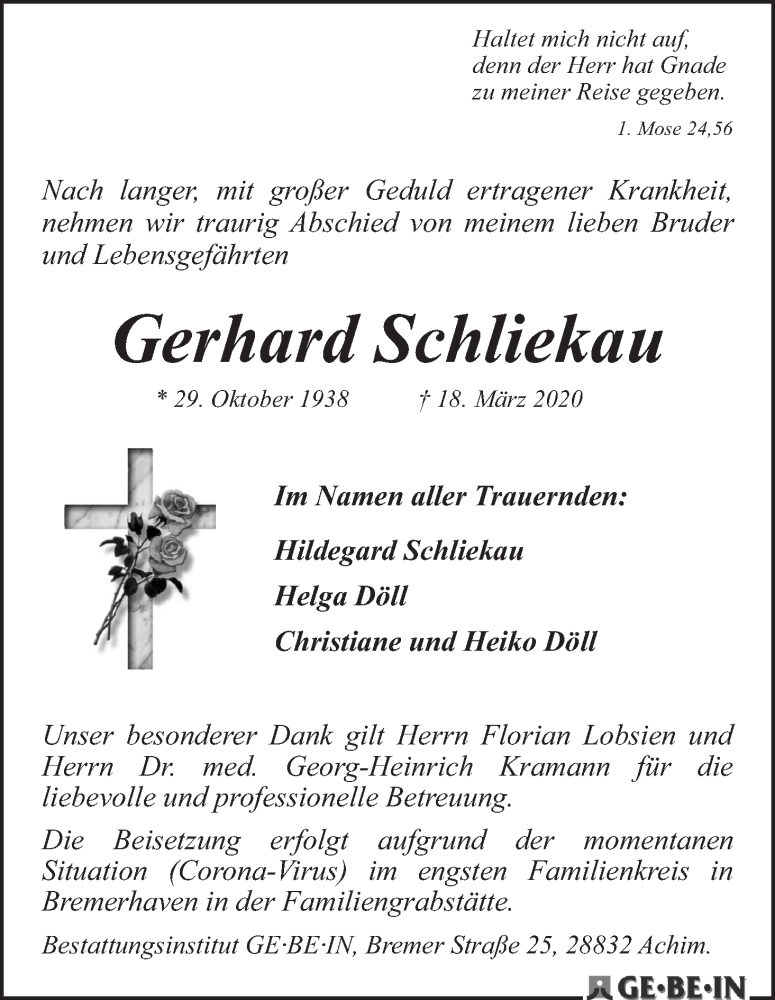 Traueranzeige von Gerhard Schliekau von WESER-KURIER