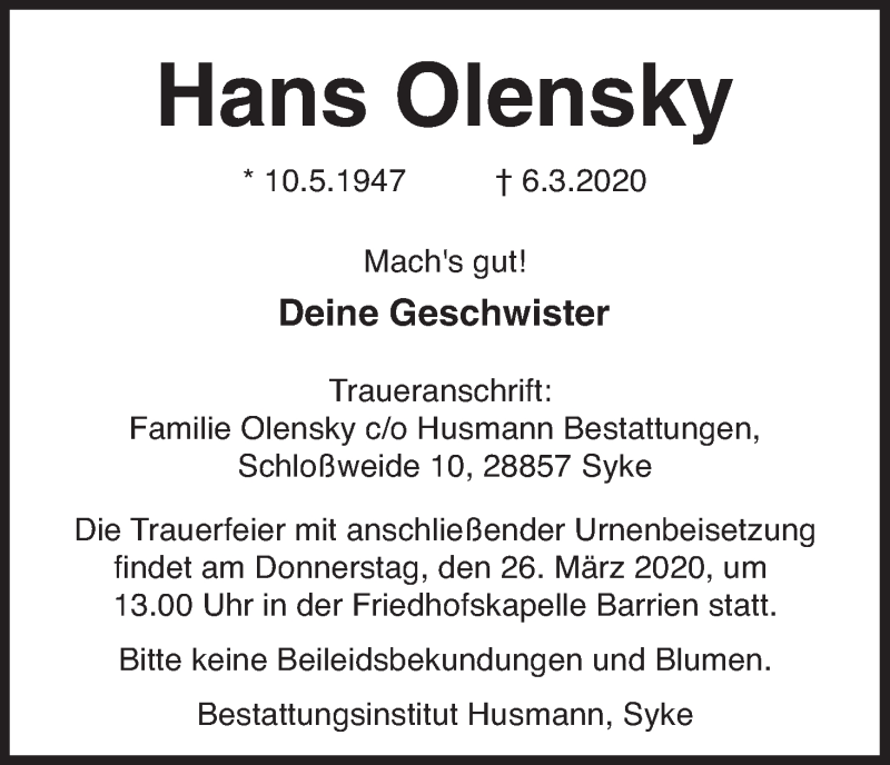 Traueranzeige von Hans Olensky von WESER-KURIER