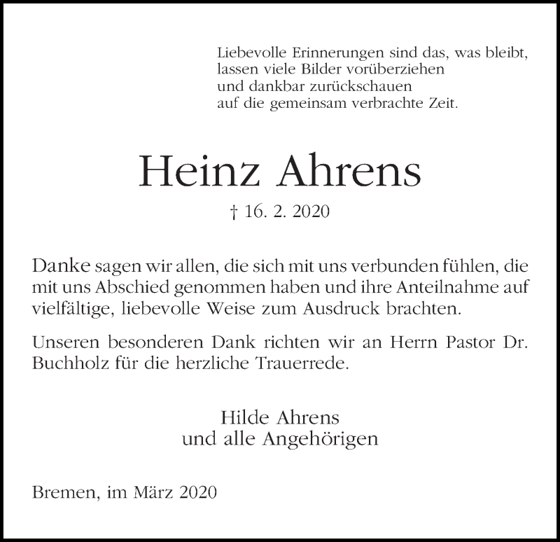 Traueranzeige von Heinz Ahrens von WESER-KURIER