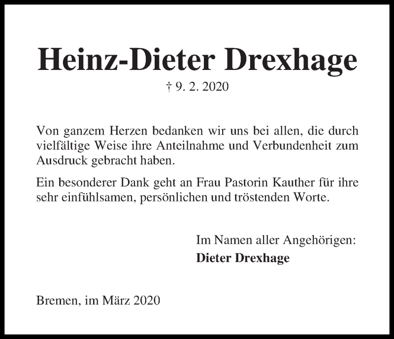 Traueranzeige von Heinz-Dieter Drexhage von Die Norddeutsche