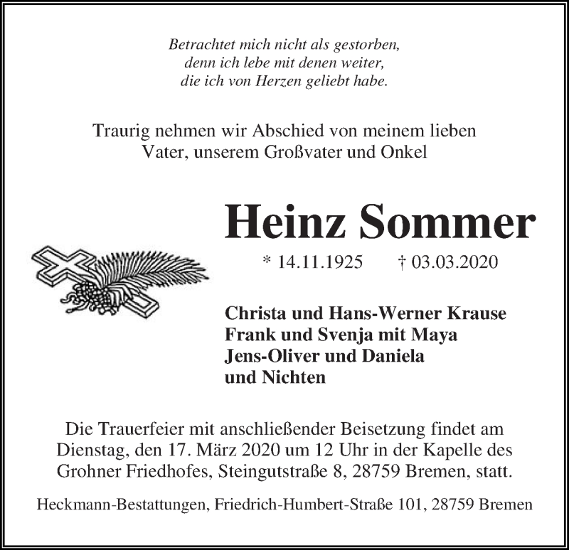 Traueranzeige von Heinz Sommer von Die Norddeutsche