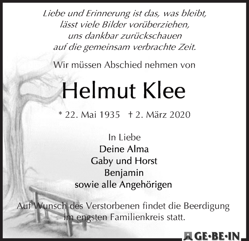 Traueranzeige von Helmut Klee von WESER-KURIER