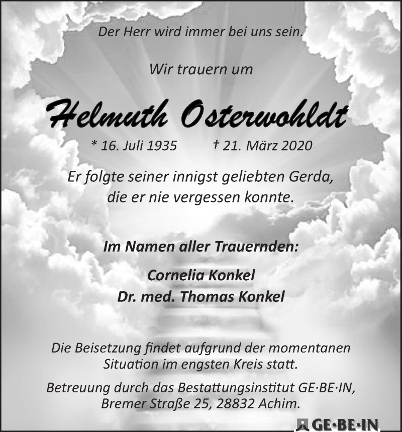 Traueranzeige von Helmuth Osterwohldt von WESER-KURIER