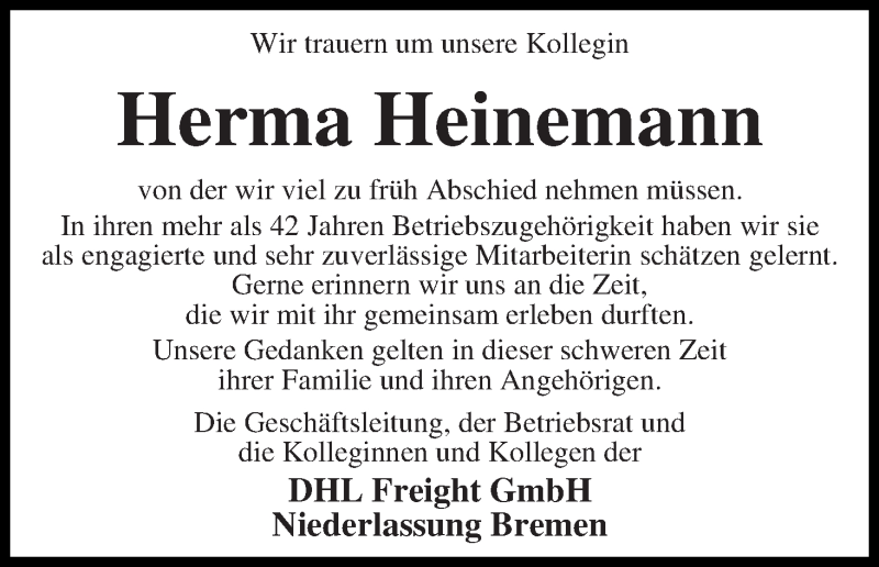 Traueranzeige von Herma Heinemann von WESER-KURIER