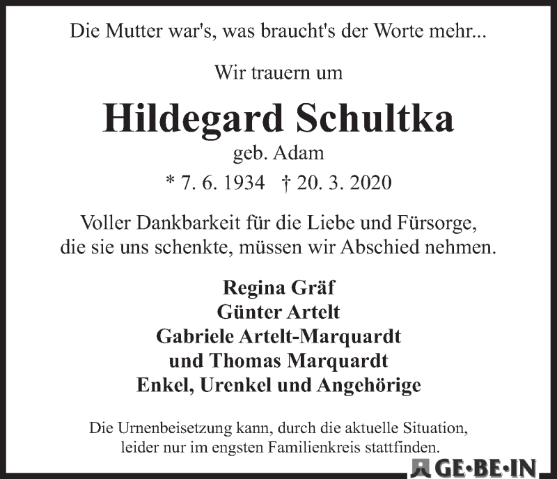 Traueranzeige von Hildegard Schultka von WESER-KURIER