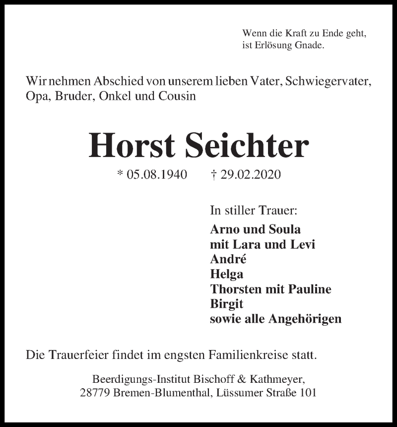 Traueranzeige von Horst Seichter von Die Norddeutsche