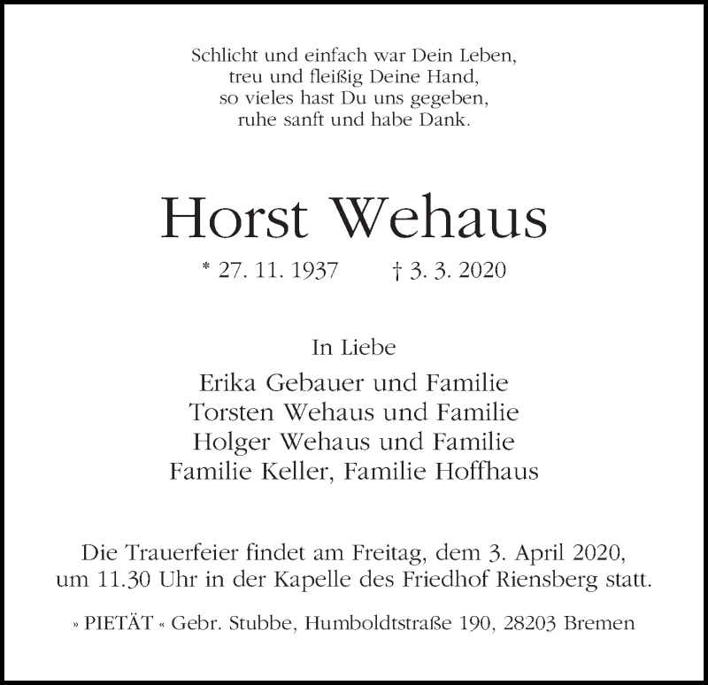 Traueranzeige von Horst Wehaus von WESER-KURIER