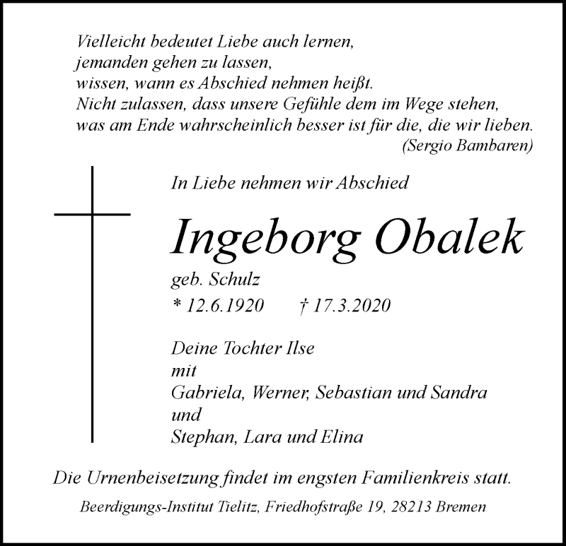 Traueranzeige von Ingeborg Obalek von WESER-KURIER