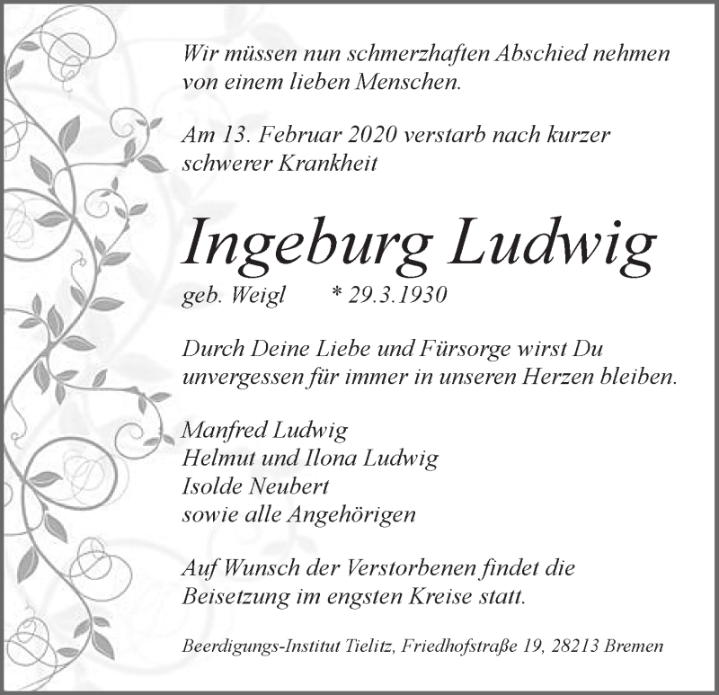 Traueranzeige von Ingeburg Ludwig von WESER-KURIER