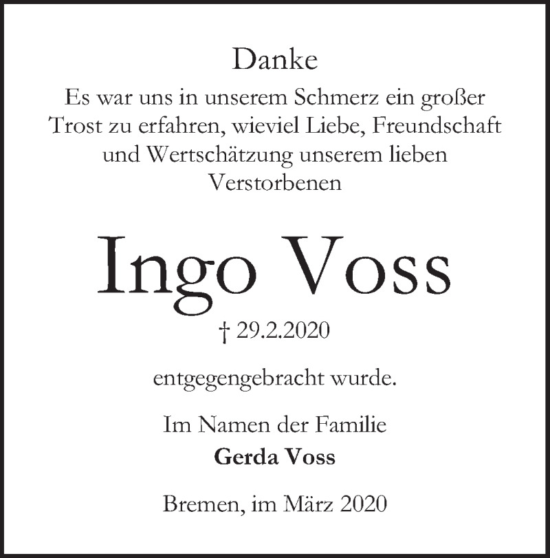 Traueranzeige von Ingo Voss von WESER-KURIER